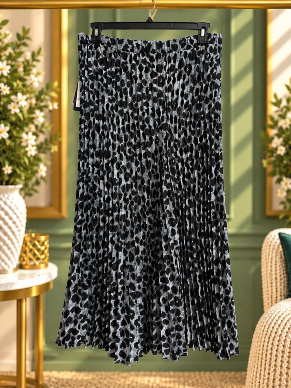 Adrianna Papell XL NWT Blue Black Animal Print Pleated Midi Skirt